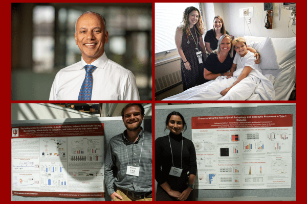 4 photos in one graphic - L to R: Chandy John; Emily Sims, Ellie Moreau, Miriam Davis and Heath Davis; Caleb Beimfohr; Yashaswini Battina