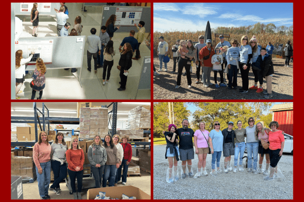 Collage of 4 photos - L to R: Wells Center Retreat poster session; Team BETA Watch Out; Wells Center administration team volunteers; Wells Center business team