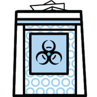 Cartoon icon depicting a biohazard bag with bubble wrap and paper inside