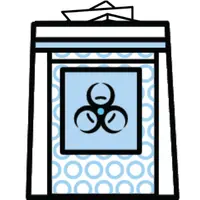 Cartoon icon depicting a biohazard bag with bubble wrap and paper inside
