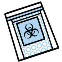 Cartoon icon depicting a sealed biohazard bag with materials inside