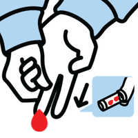 cartoon icon depicting blood droplets coming out of a finger tip and into a test tube