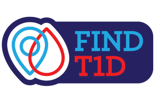 FIND T1D study decorative logo featuring a map symbol combined with a blood drop cartoon