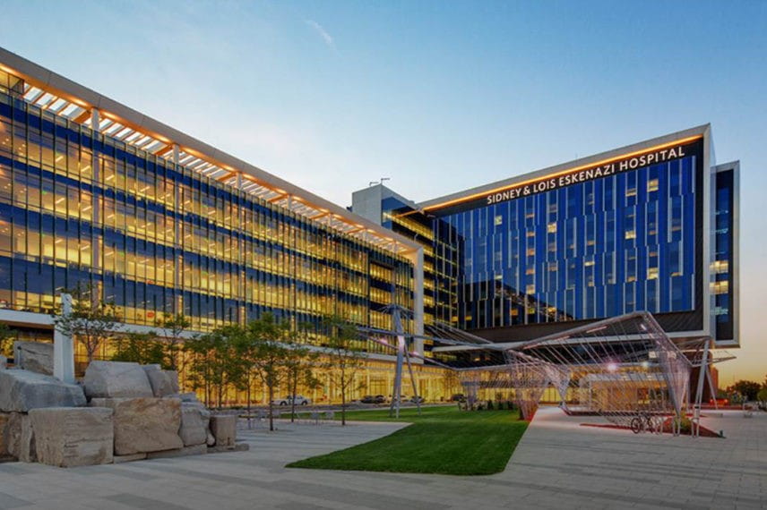 eskenazi hospital glows at sunset