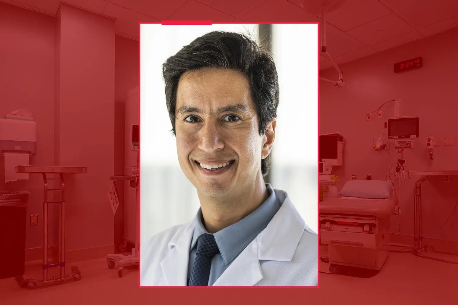 A headshot of Cyrus Raji against a examination room with a red overlay.
