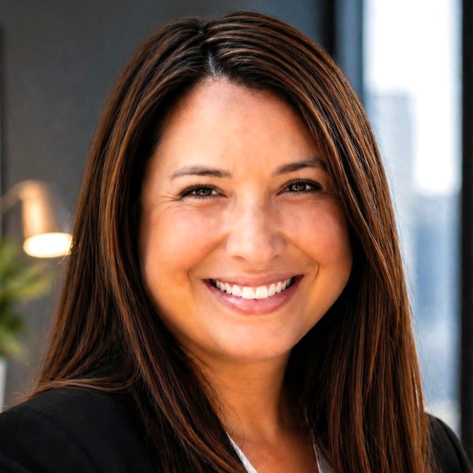 Professional headshot of a person in a black blazer and white top in an office setting.