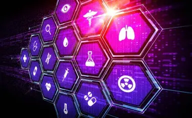 Image of multi-colored, hexagonal tiles with health-related icons in white
