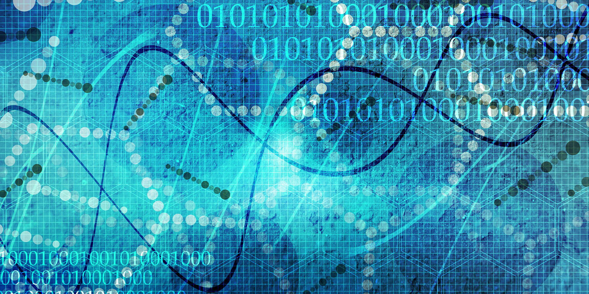 biostatistics concept with dna lines, molecules and binary number system