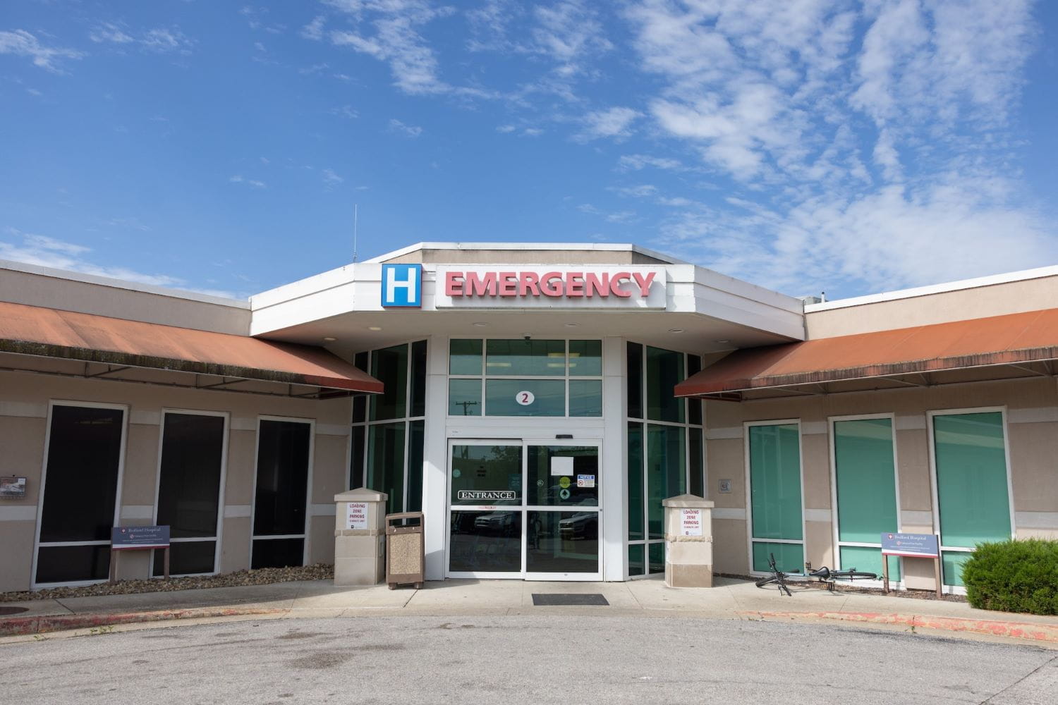 The exterior of the IU Health Bedford Hospital emergency department.