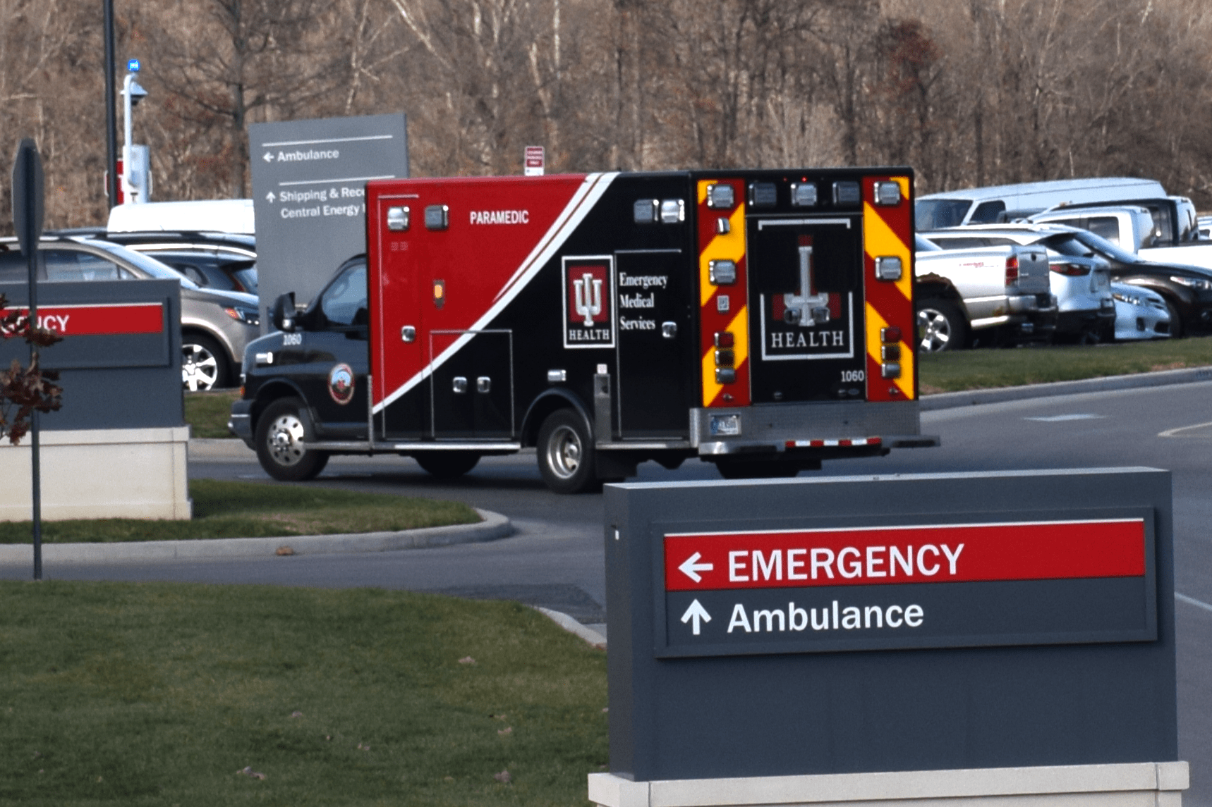 IU Health ambulance in the emergency department parking lot.