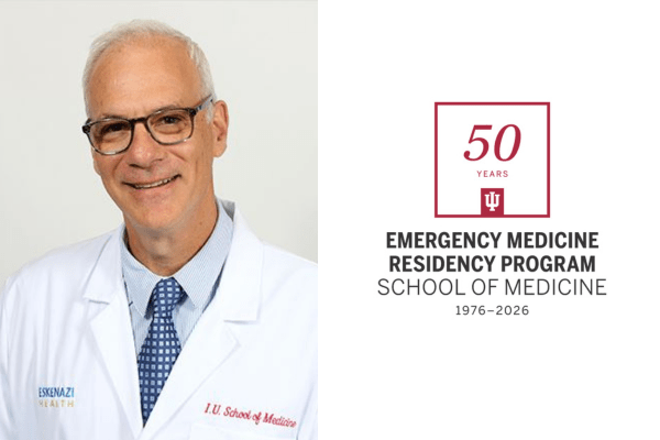 Portrait of Daniel Rusyniak along with Department of Emergency Medicine 50th anniversary logo.