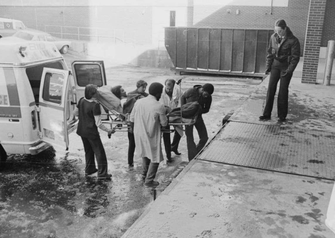 Disaster drill at university hospital, 1976