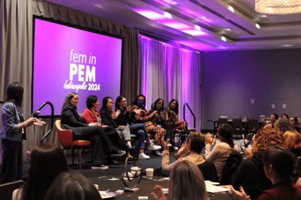 A panel of women physicians speaking at the FeminPEM conference.