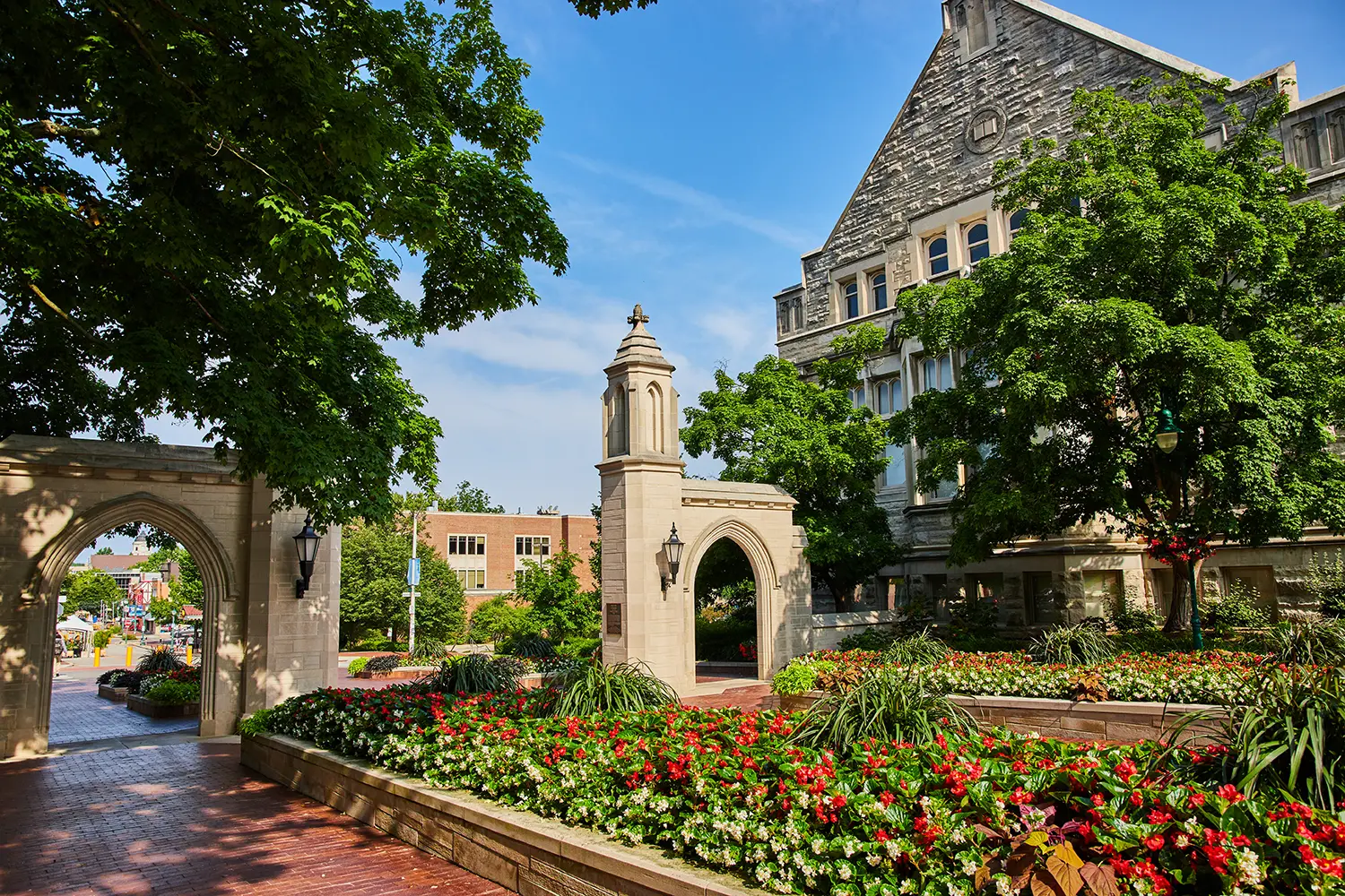 Bloomington campus with flowers. 