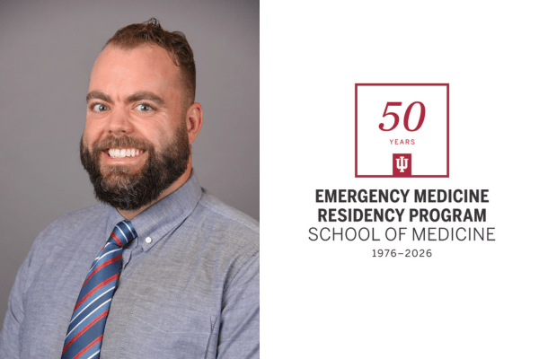 Portrait of Dr. Geoff Hays along with Department of Emergency Medicine 50th anniversary logo