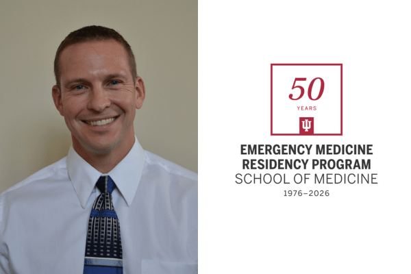 Portrait of Dr. Ben Hunter along with Department of Emergency Medicine 50th anniversary logo