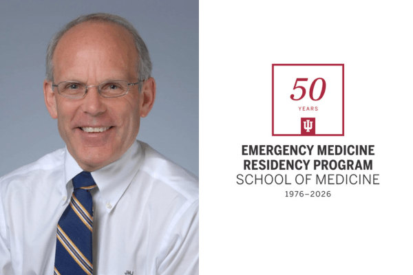 Portrait of Jamie Jones along with Department of Emergency Medicine 50th anniversary logo.