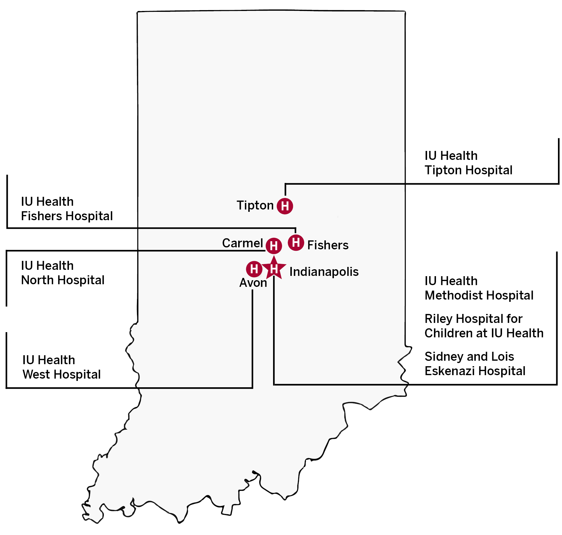 Map of clinical sites labeled on a map of Indiana. IU Health Blackford Hospital is in Hartford City. IU Health Tipton Hospital in Tipton. IU Health Saxony Hospital in Fishers. IU Health North Hospital in Carmel. IU Health West Hospital in Avon. IU Health Jay Hospital in Portland. IU Health Ball Hospital in Muncie. IU Health Methodist Hospital, Riley Hospital for Children at IU Health and Sidney and Lois Eskenazi Hospital in Indianapolis. 