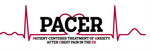 PACER logo featuring a red electrocardiogram line that forms a heart shape around the word ‘PACER.’ Below, the text reads ‘Patient-Centered Treatment of Anxiety After Chest Pain in the ER.