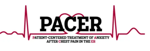 PACER logo featuring a red electrocardiogram line that forms a heart shape around the word ‘PACER.’ Below, the text reads ‘Patient-Centered Treatment of Anxiety After Chest Pain in the ER.