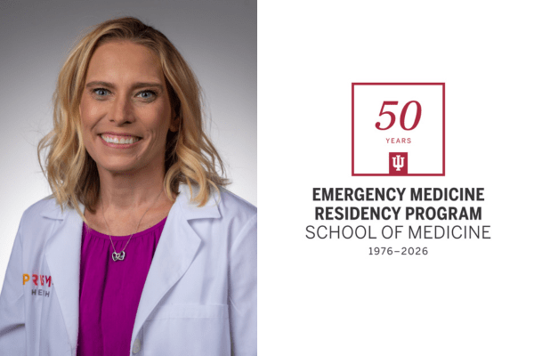 Portrait of Cami Pfennig along with Department of Emergency Medicine 50th anniversary logo.