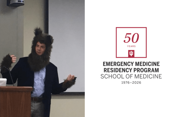 Photo of Daniel Rusyniak lecturing along with Department of Emergency Medicine 50th anniversary logo.