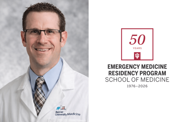 Portrait of Jerry Snow along with Department of Emergency Medicine 50th anniversary logo.