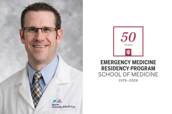 Portrait of Jerry Snow along with Department of Emergency Medicine 50th anniversary logo.