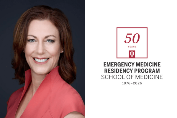 Portrait of Jennifer Sullivan along with Department of Emergency Medicine 50th anniversary logo.