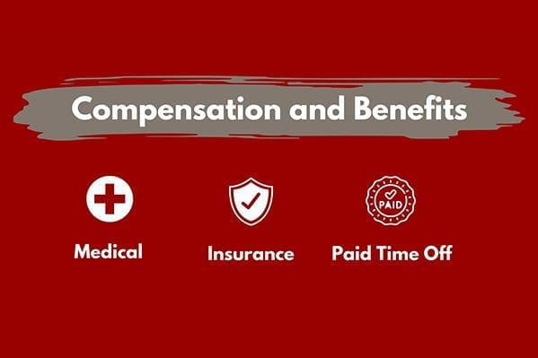 the words "compensation and benefits" over a red background