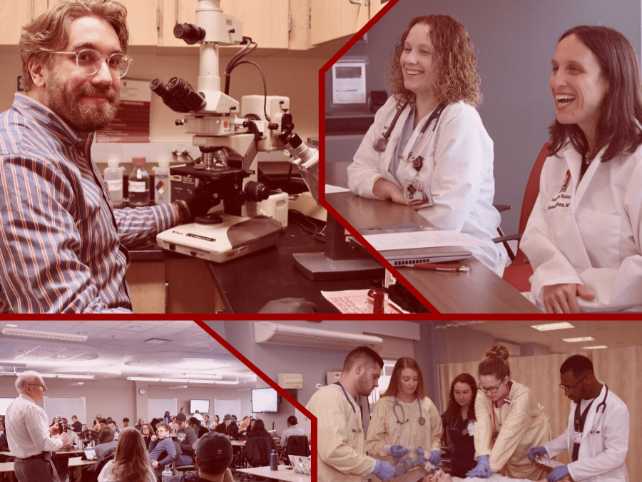 collage of photos of students, teachers, and physicians at work
