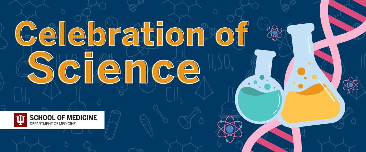 two beakers and a dna strand decorate text that reads Celebration of Science