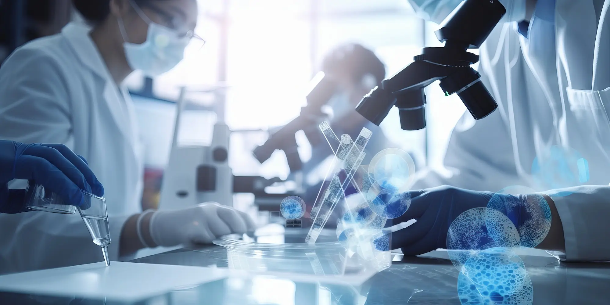 Scientists in a lab with microscopes