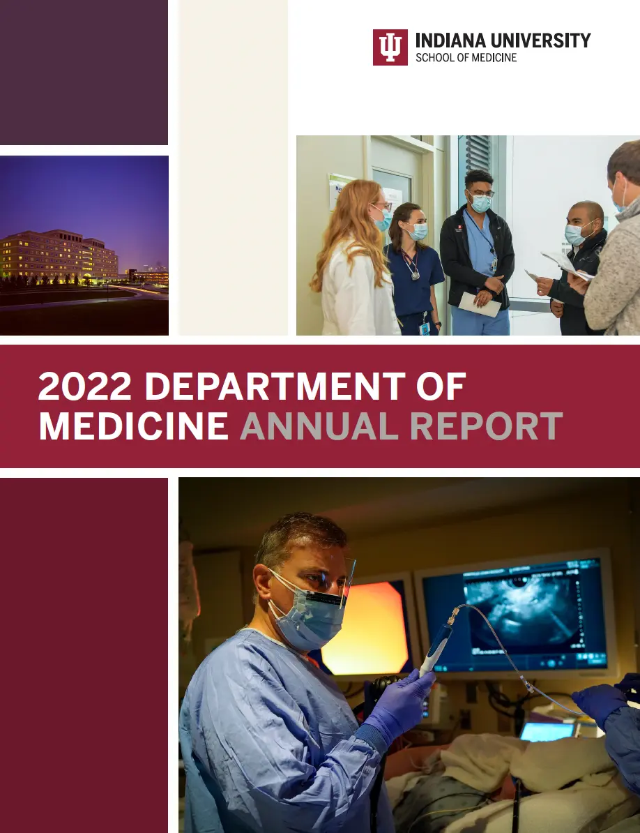 Cover of Dept. of Medicine Annual Report 2022. Top photo is a group of trainees talking. Bottom photo is a physician preparing to perform a procedure.