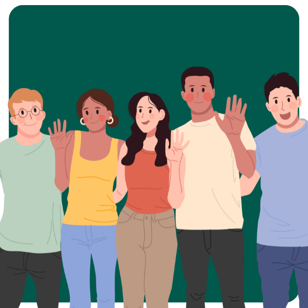 Illustration of five people standing together and smiling