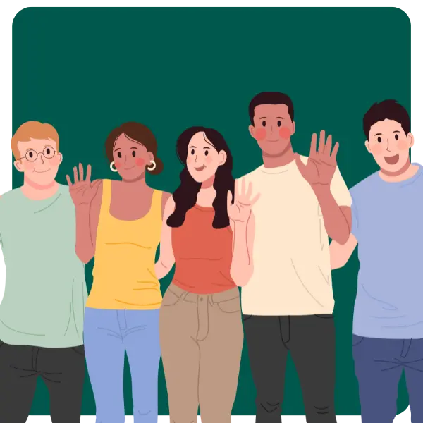Illustration of five people standing together and smiling