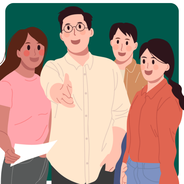 Illustration of four people standing together and smiling