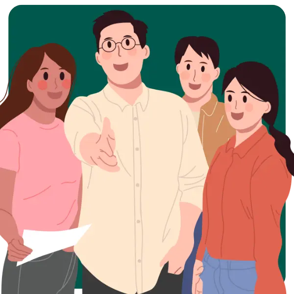 Illustration of four people standing together and smiling