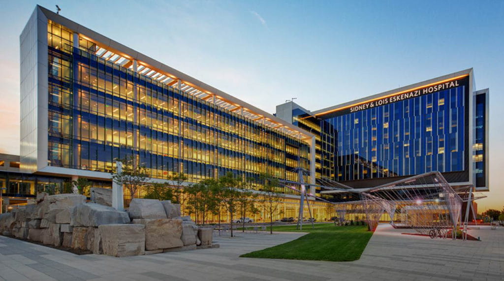 eskenazi hospital glows during sunset