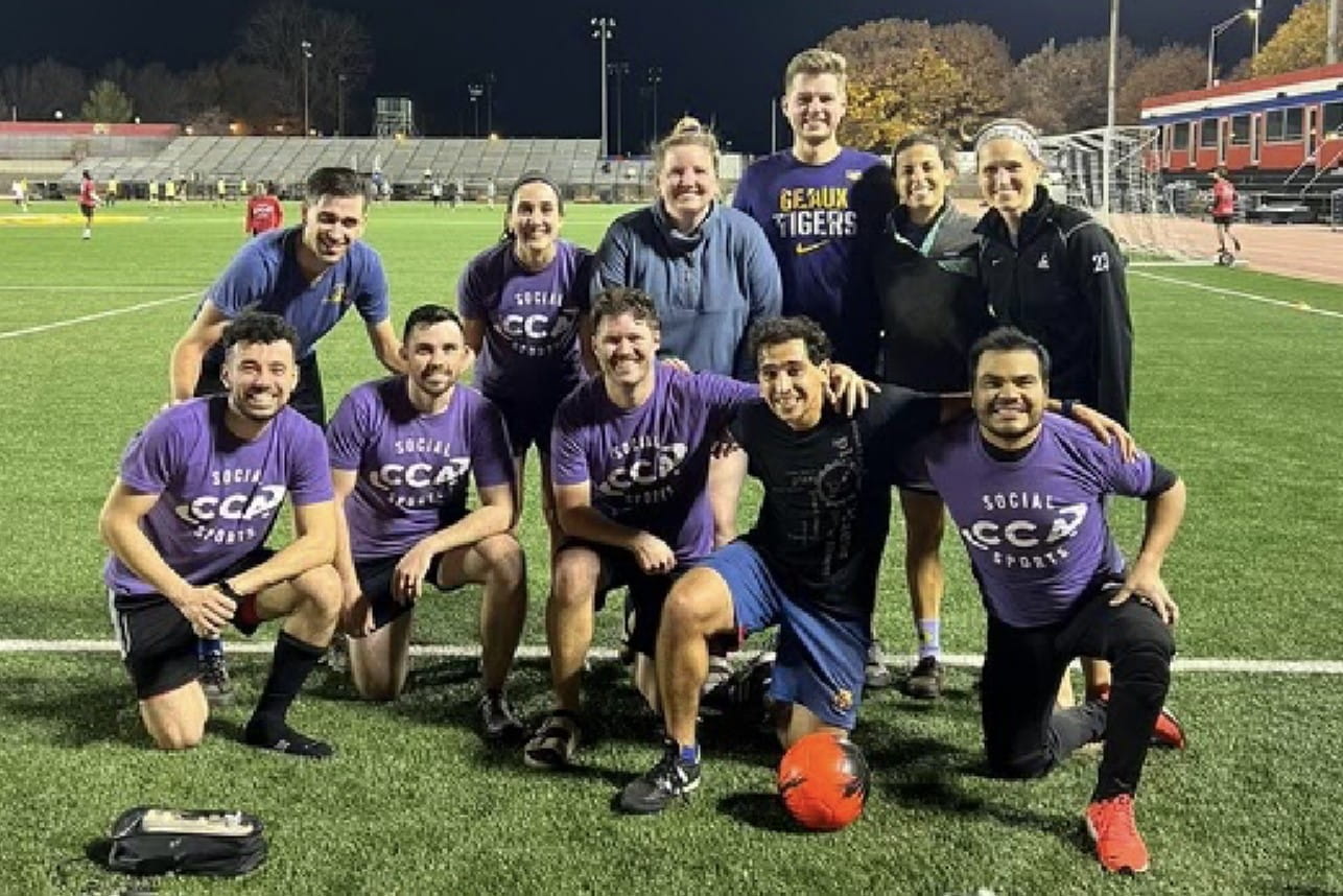 A group of residents gathered to play sports.