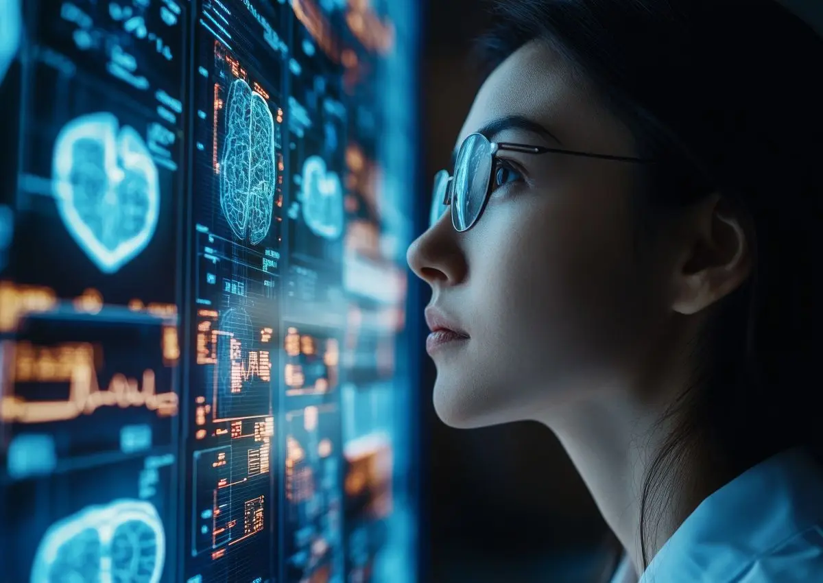 a person looks at a monitor with complicated display.