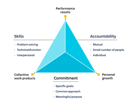 Graphic shows the Katzenbach and Smith Model of Teamwork, states that every team works toward the following large deliverables:  Collective work products Performance results Personal growth