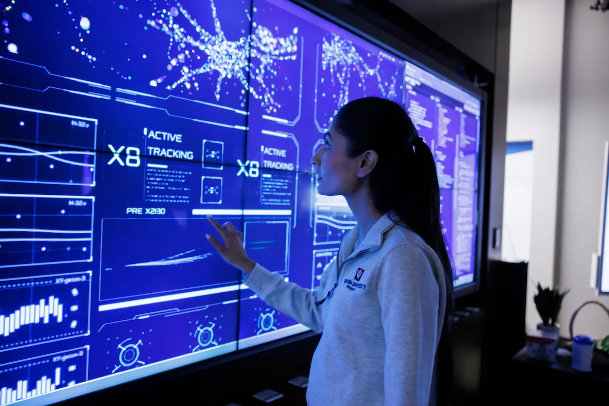 a researcher reviews data on a huge computer monitor