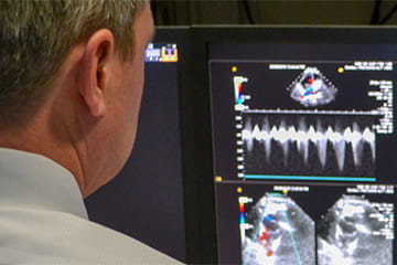 a researcher looks at a computer screen