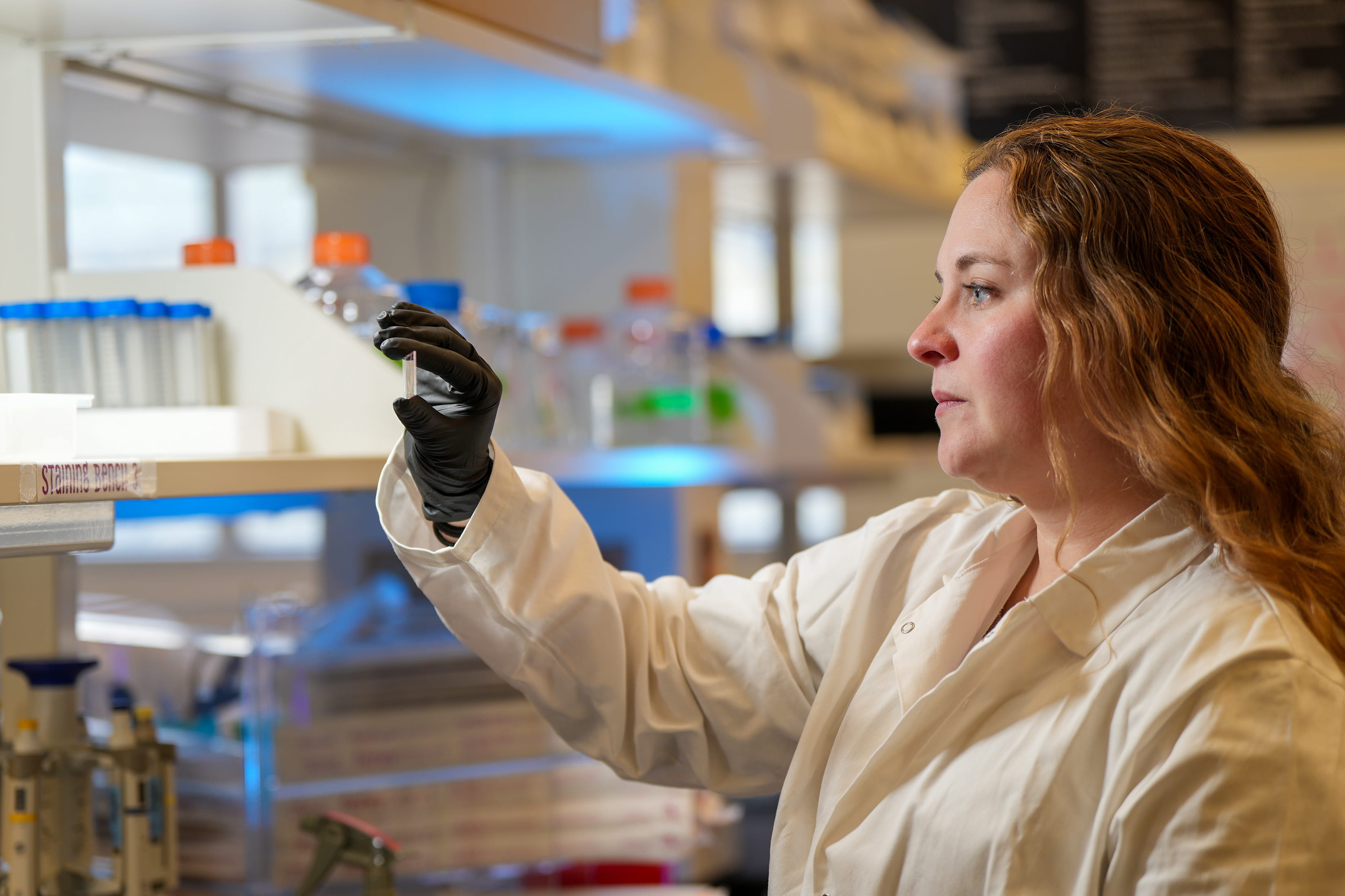 A researcher examining a microscope slide