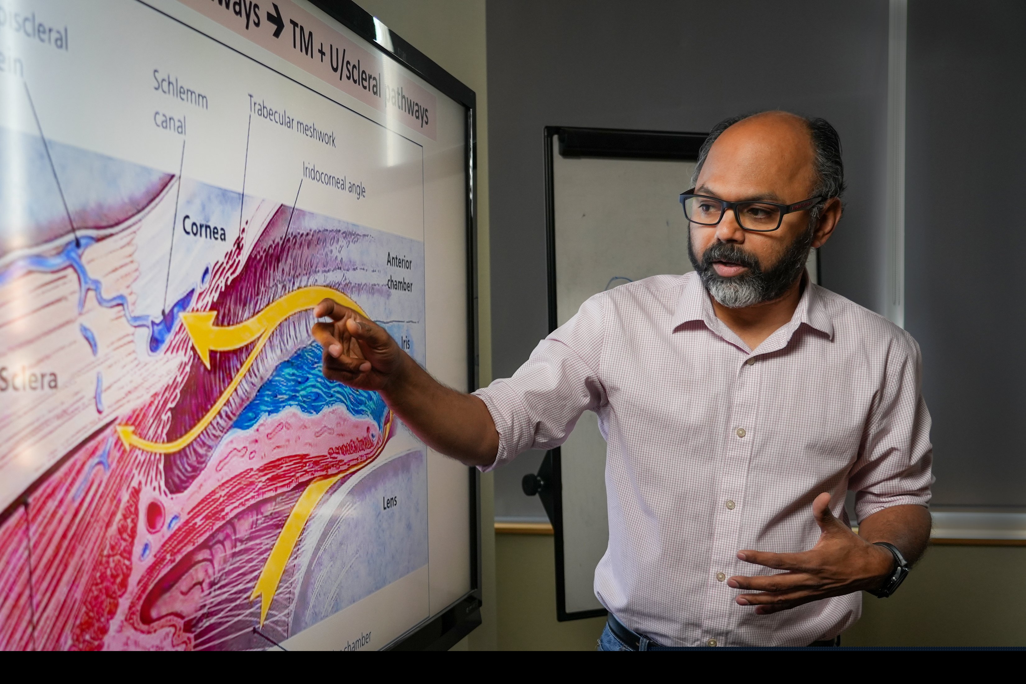 a faculty member speaks in class in front of a monitor display in the glick eye institute