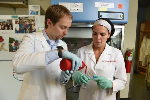 Student researchers work in a lab in the Glick Eye Institute in Indianapolis. 