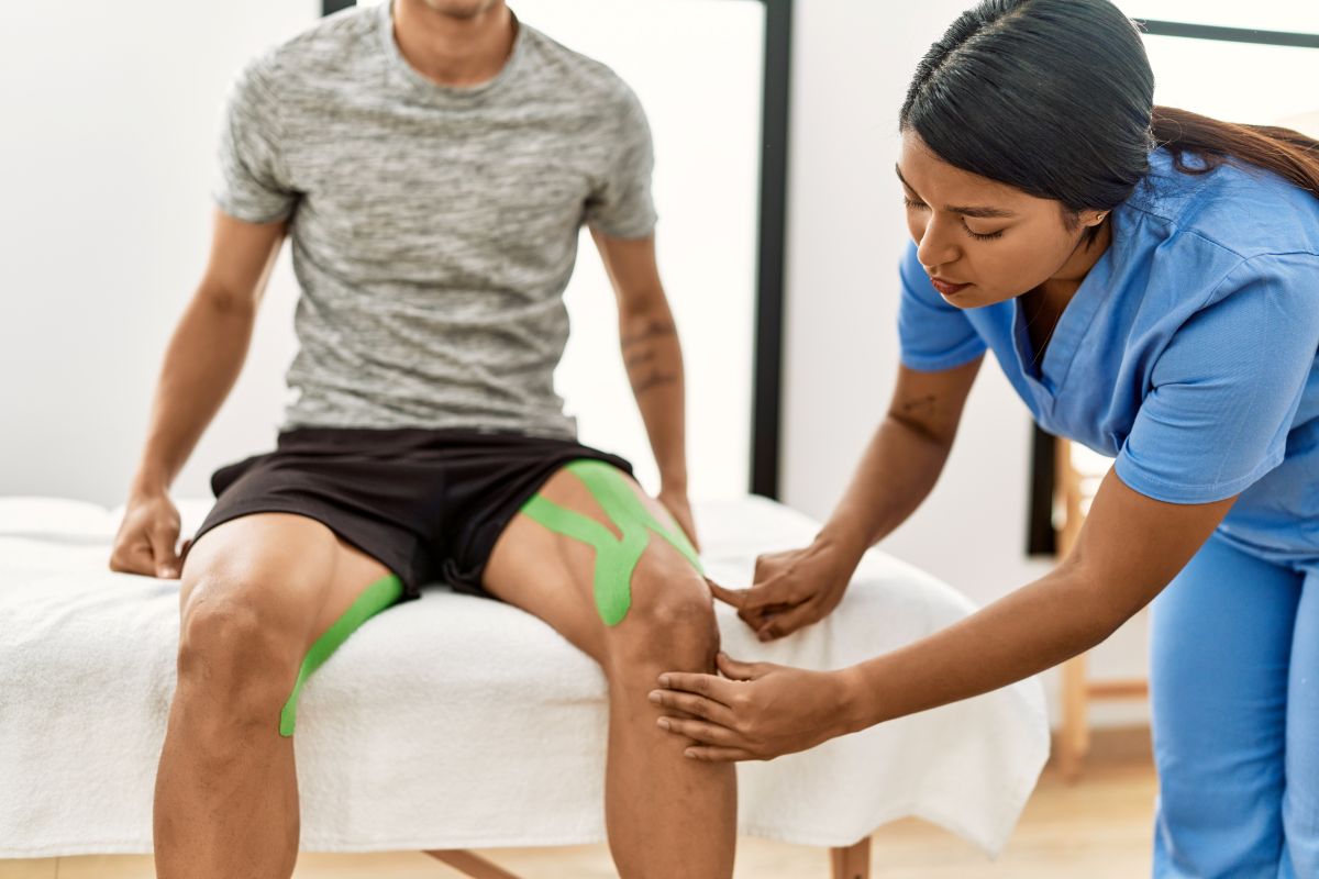 A young physician in scrubs examines a patient's knee