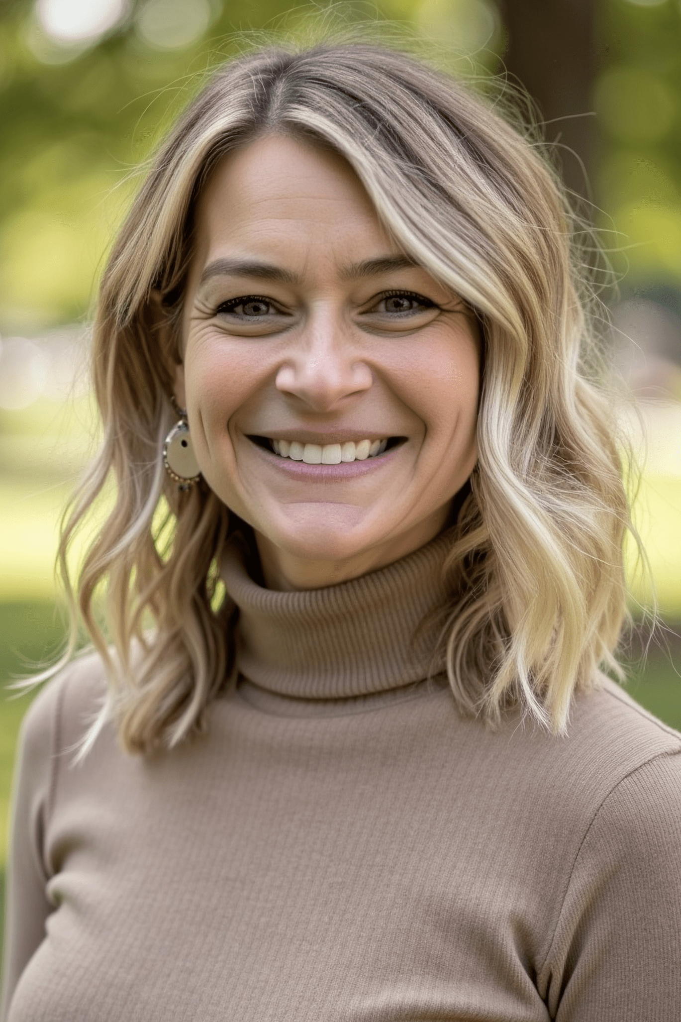 Outdoor headshot of a person in a tan turtleneck against a blurred green background.