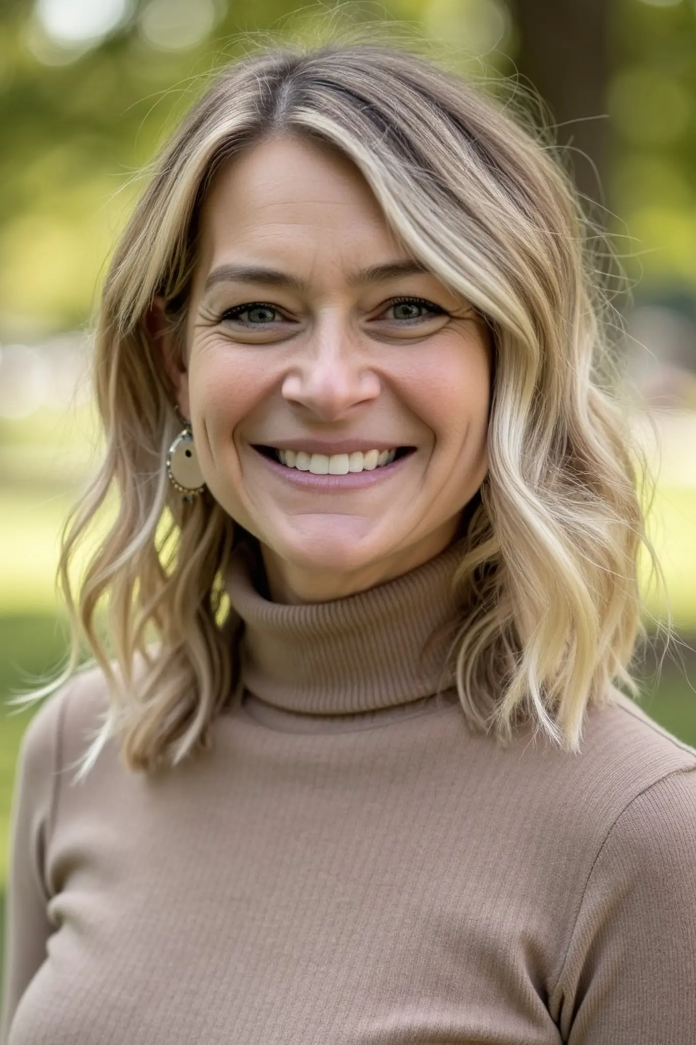 Outdoor headshot of a person in a tan turtleneck against a blurred green background.